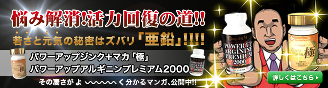 【悩み解消！精力回復の道】「若さと元気とED改善・ED予防の秘密……それはズバリ亜鉛です！」パワーアップジンクプラスマカ&パワーアップアルギニンプレミアム2000をチェック